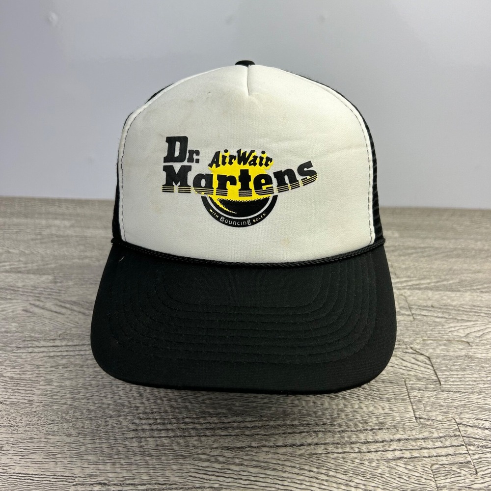 Vintage 90s Dr Martens Hat Cap Snap Back Adjustable Black Trucker Footwear Boots